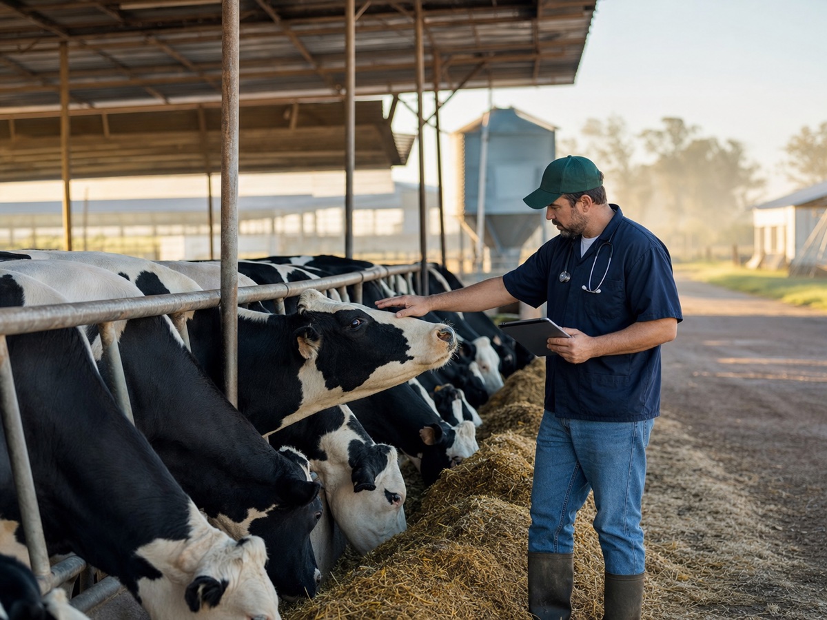 Tutor cuidando de vacas leiteiras em uma fazenda