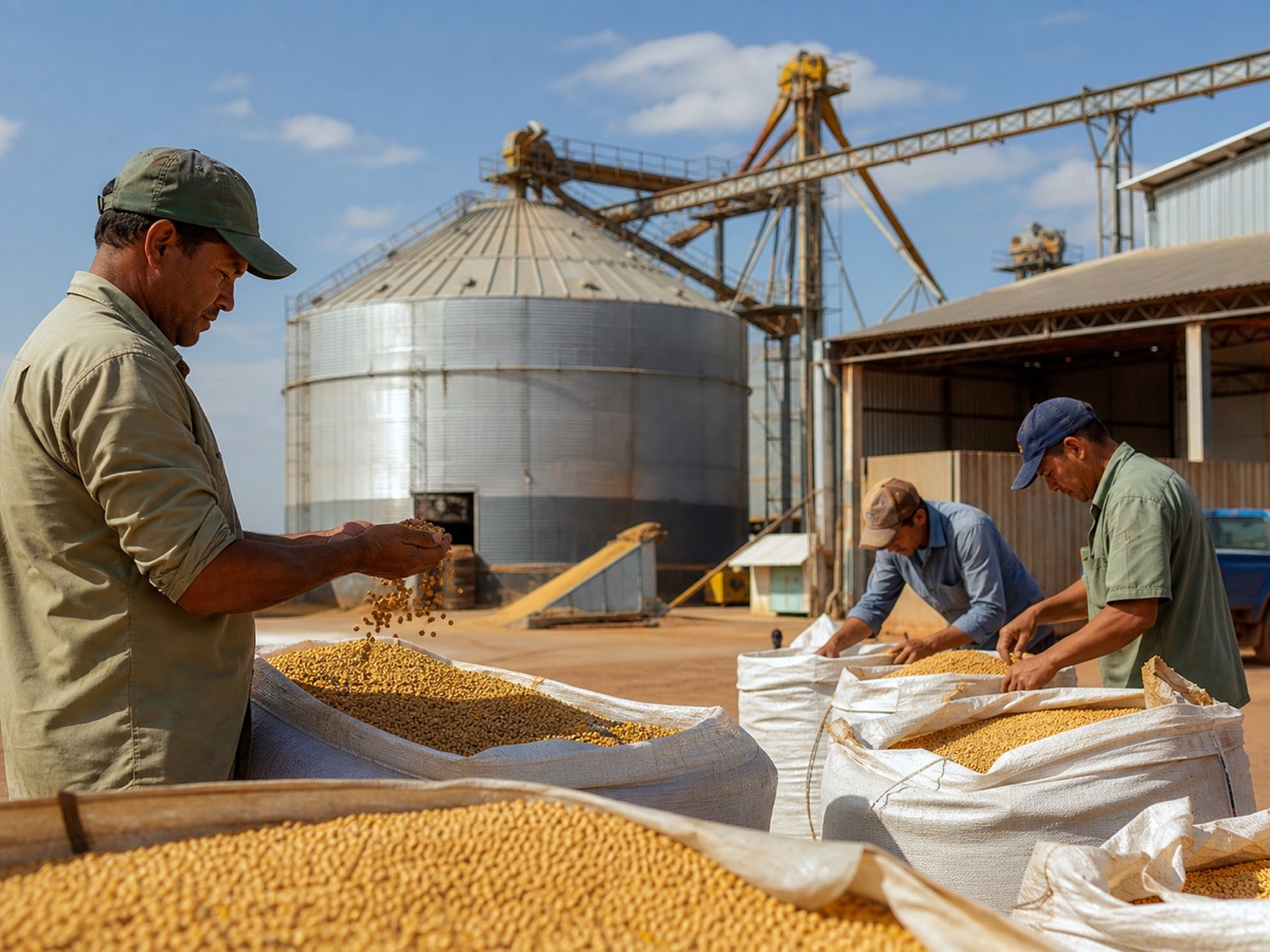 Profissionais manuseando grãos em uma cooperativa rural